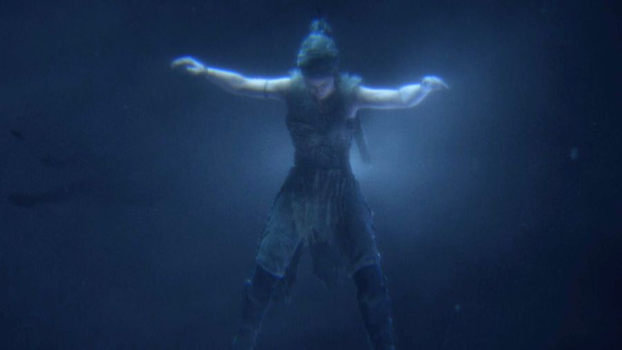 Senua in the stormy waters of the opening cutscene in Senua’s Saga: Hellblade II