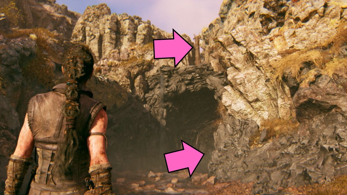 Lorestone and hidden face at the waterfall in Hellblade II