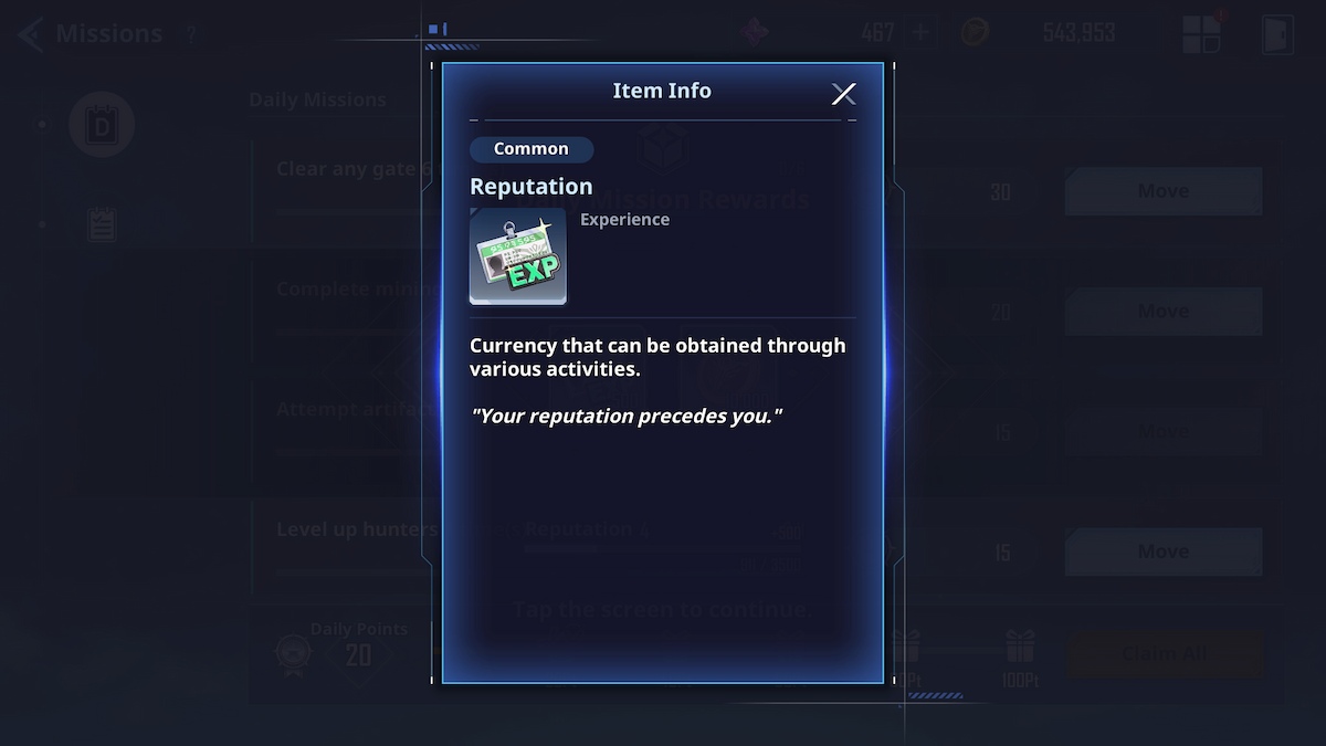 Reputation explanation screen in Solo Leveling ARISE.