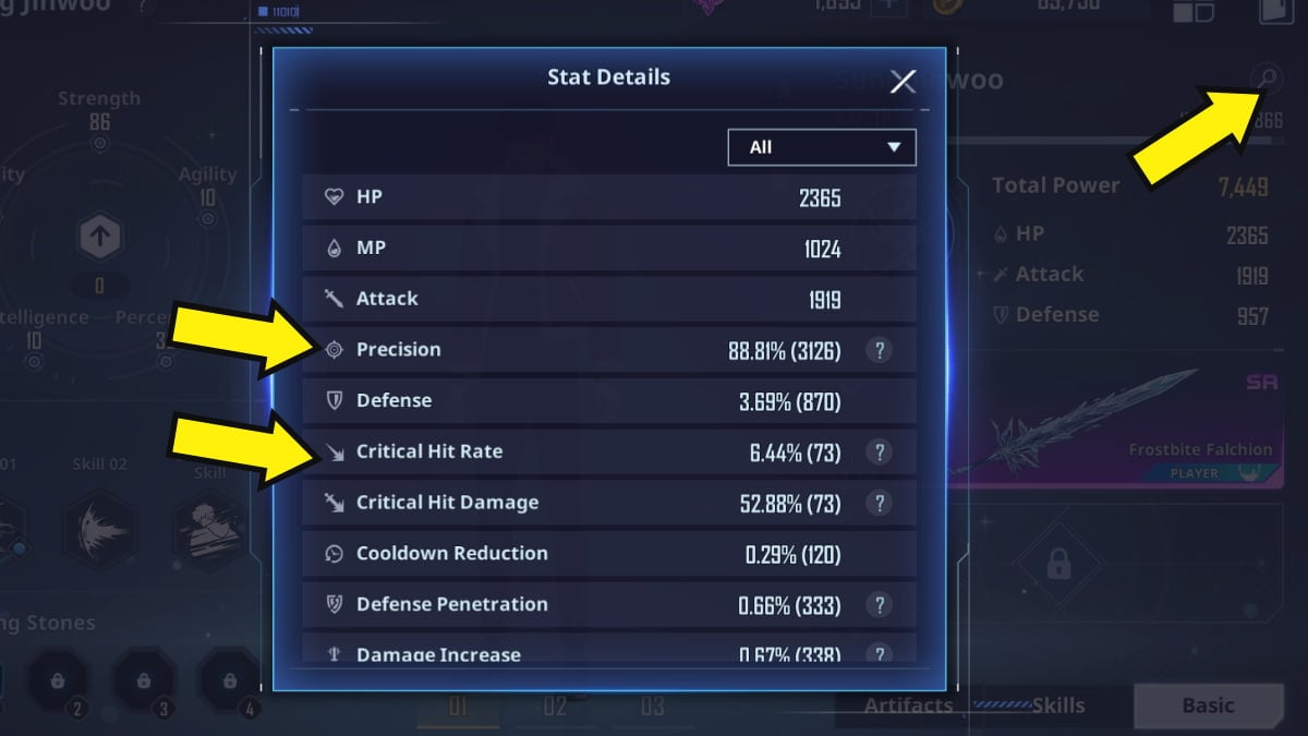 Solo Leveling: ARISE stat details screen