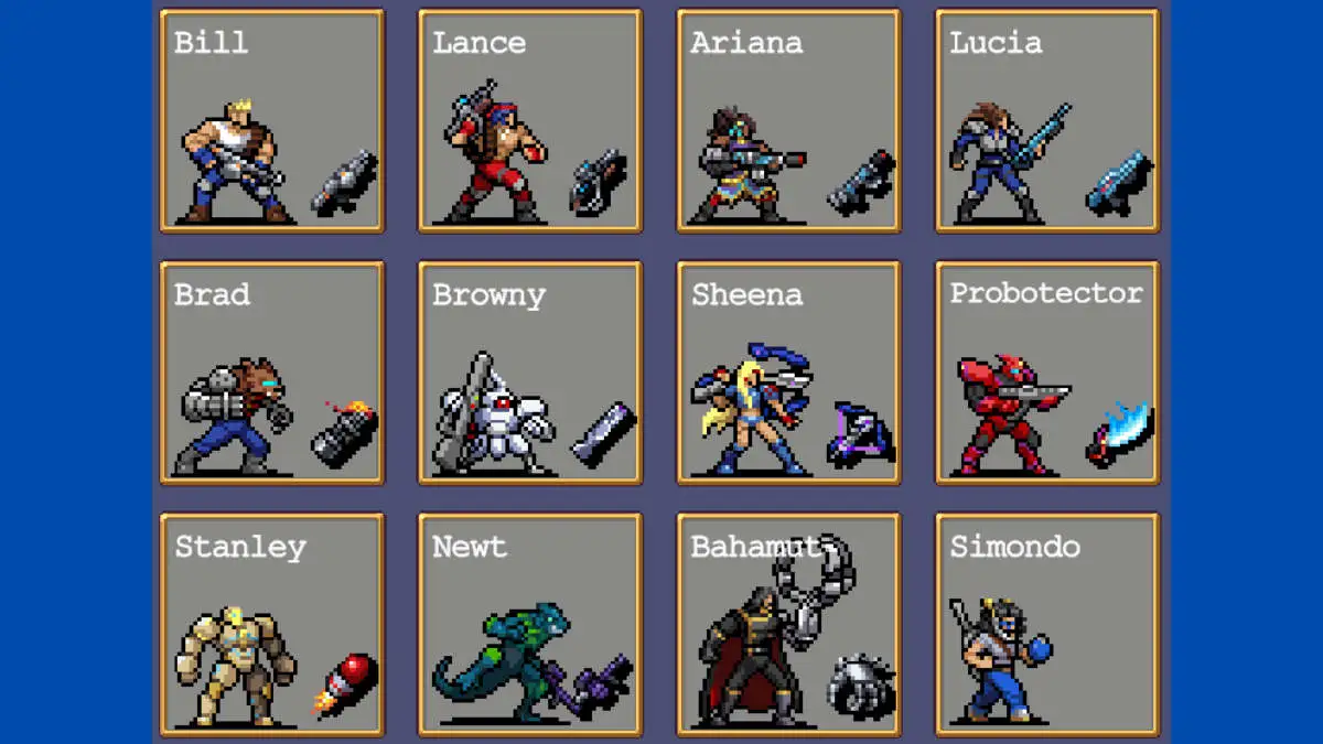 All Vampire Survivors x Contra crossover characters list