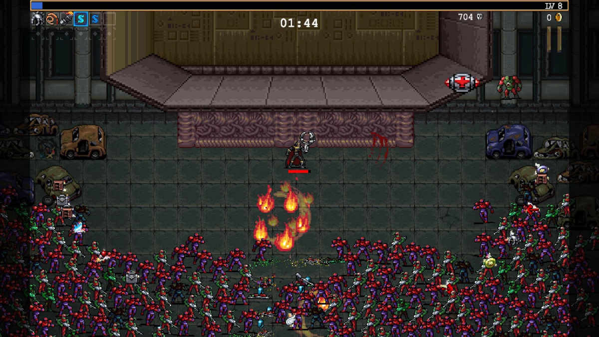 Vampire Survivors Operation Gun DLC Bahamut hero firing from Fire-L3GS weapon at hordes of enemies