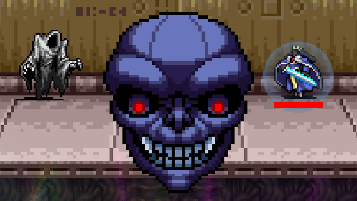 A close-up of the blue head of Big Fuzz boss in Vampire Survivors 