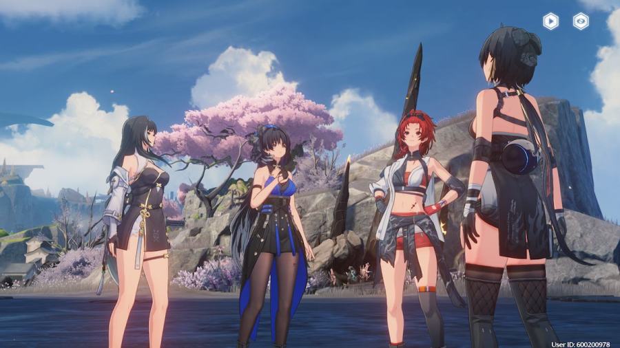 Baizhi, Yangyang, Chixia, and fem Rover standing together under a blue sky in Wuthering Waves.