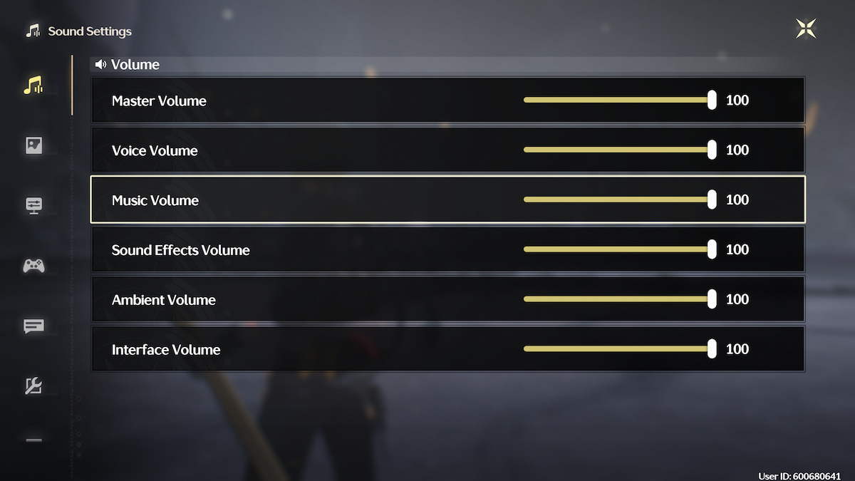 The Sound Settings menu in Wuthering Waves, with the Music Volume slider highlighted