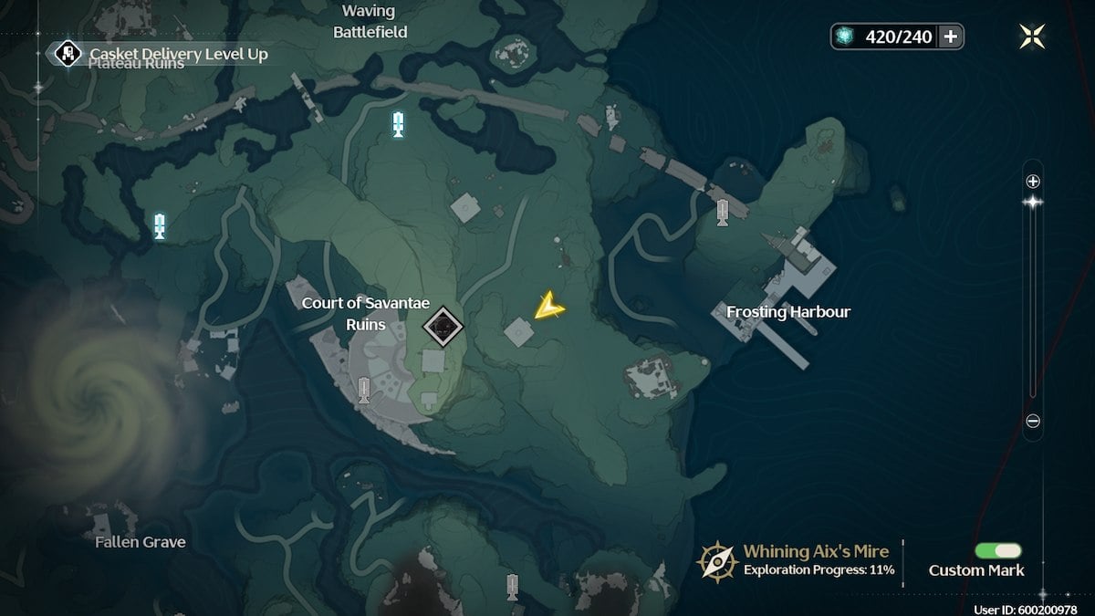 The map location of the Court of Savantae Ruins energy matrix puzzle in Wuthering Waves.