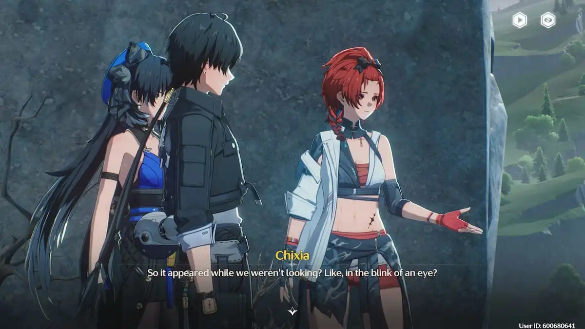 Three characters having a conversation during a cutscene in Wuthering Waves.