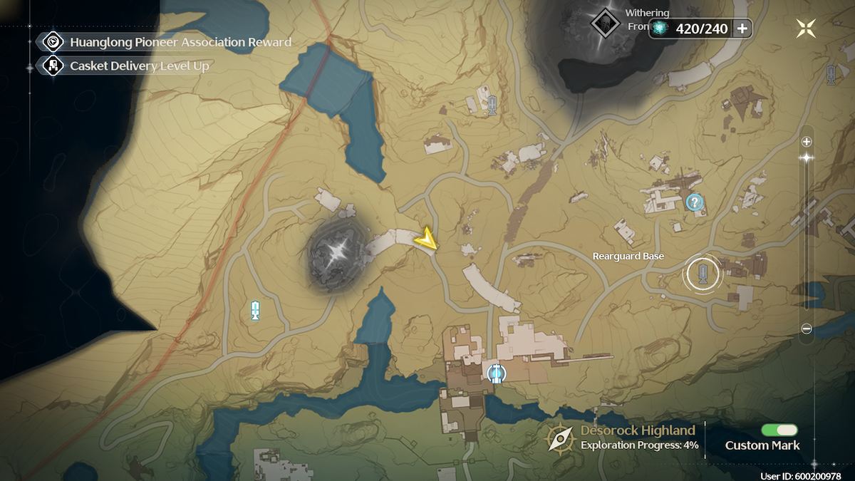 The map location of the Desorock Highland energy matrix puzzle in Wuthering Waves. 