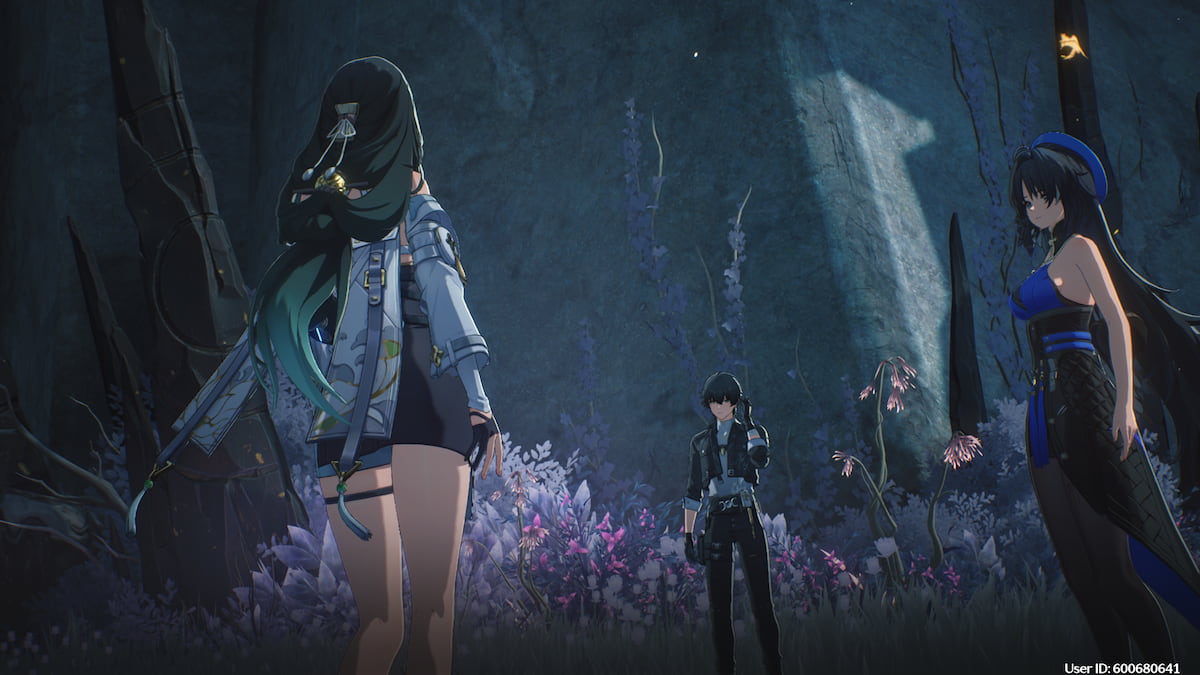 Three characters from a dramatic camera angle talking to one another during a cutscene in Wuthering Waves.