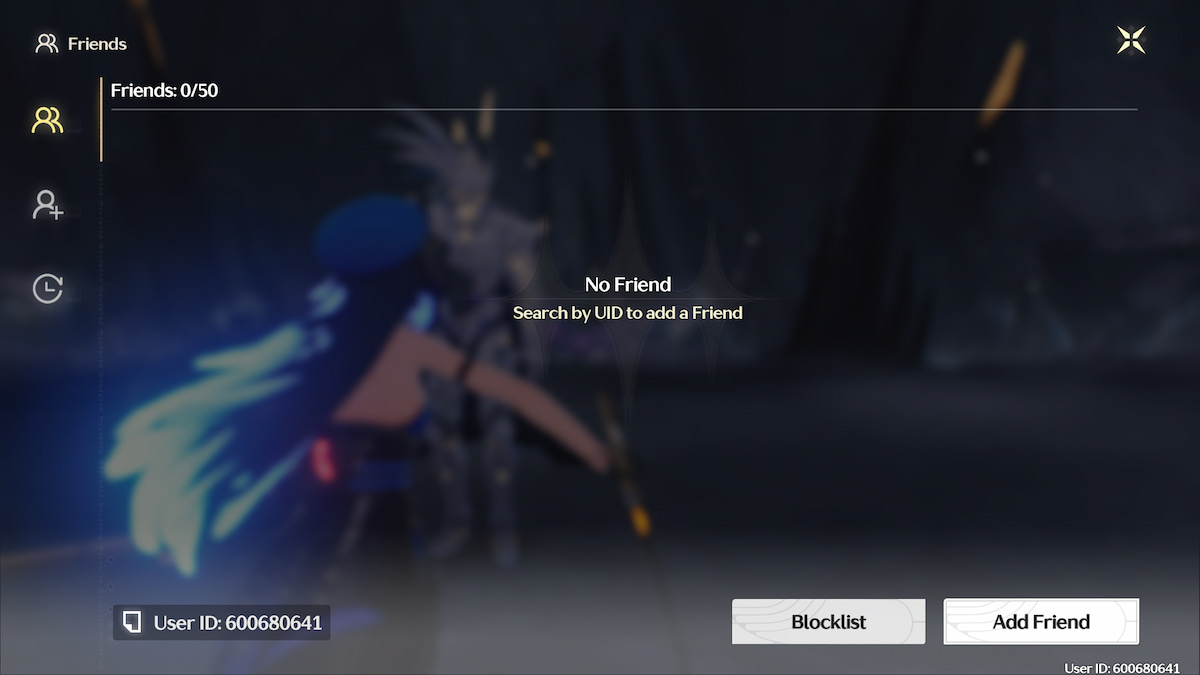 The friends list menu in Wuthering Waves with the Add Friend button highlighted in the lower right corner.