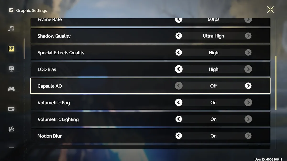 The Graphics Settings menu in Wuthering Waves, with the Capsule AO setting highlighted.