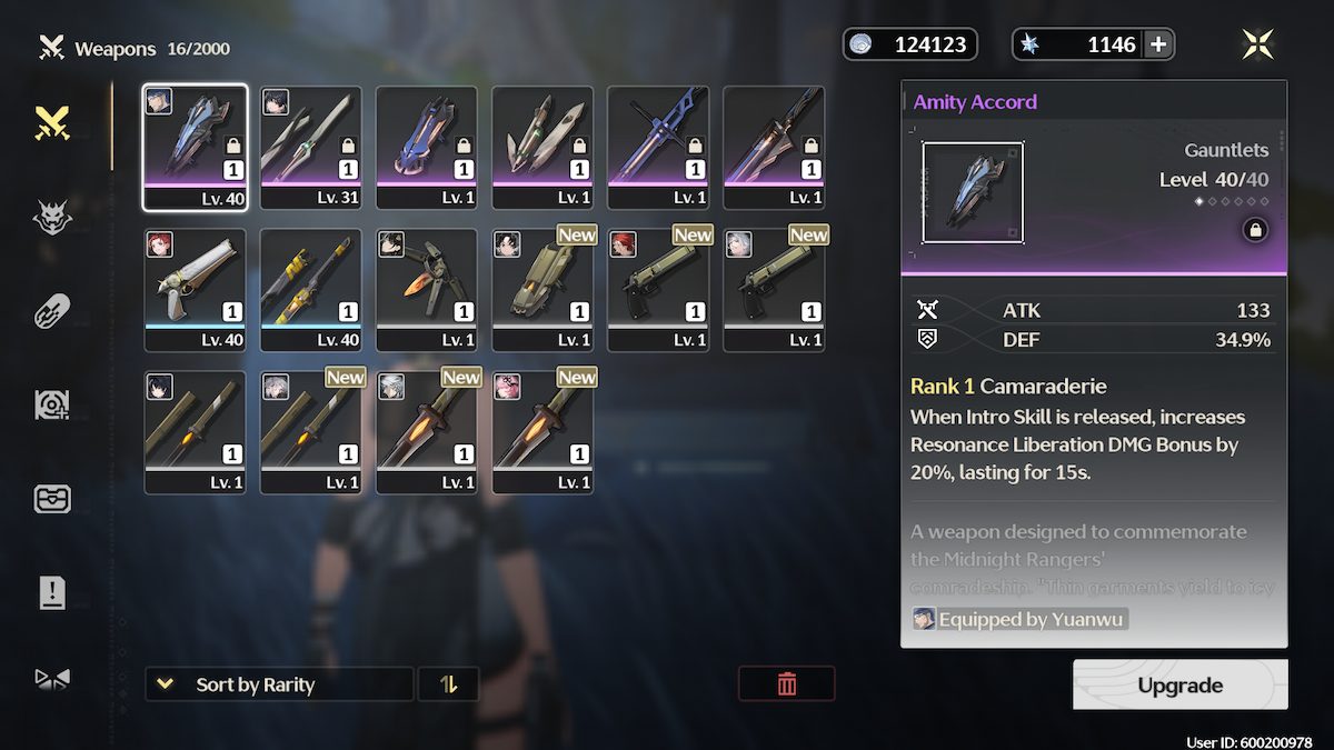 Weapons sorted by rarity in Wuthering Waves backpack.