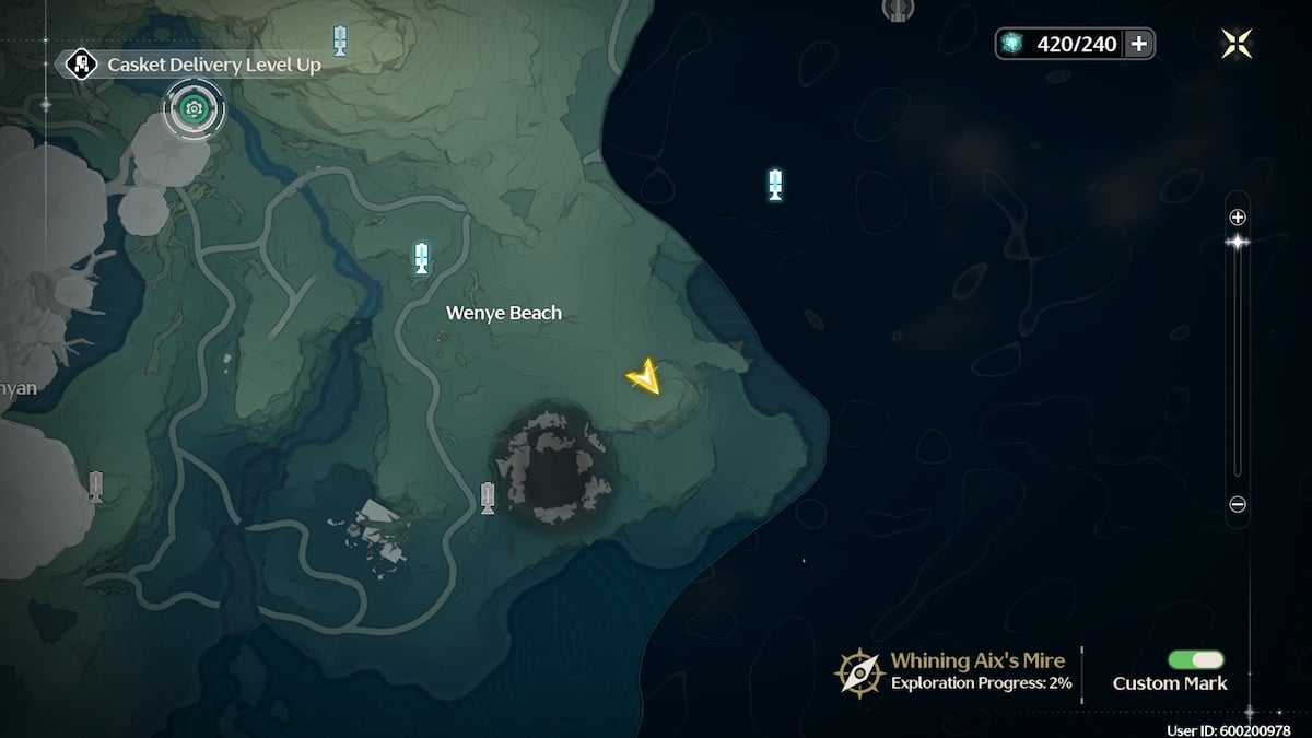 The map location of the southeast Wenye Beach energy matrix puzzle in Wuthering Waves.