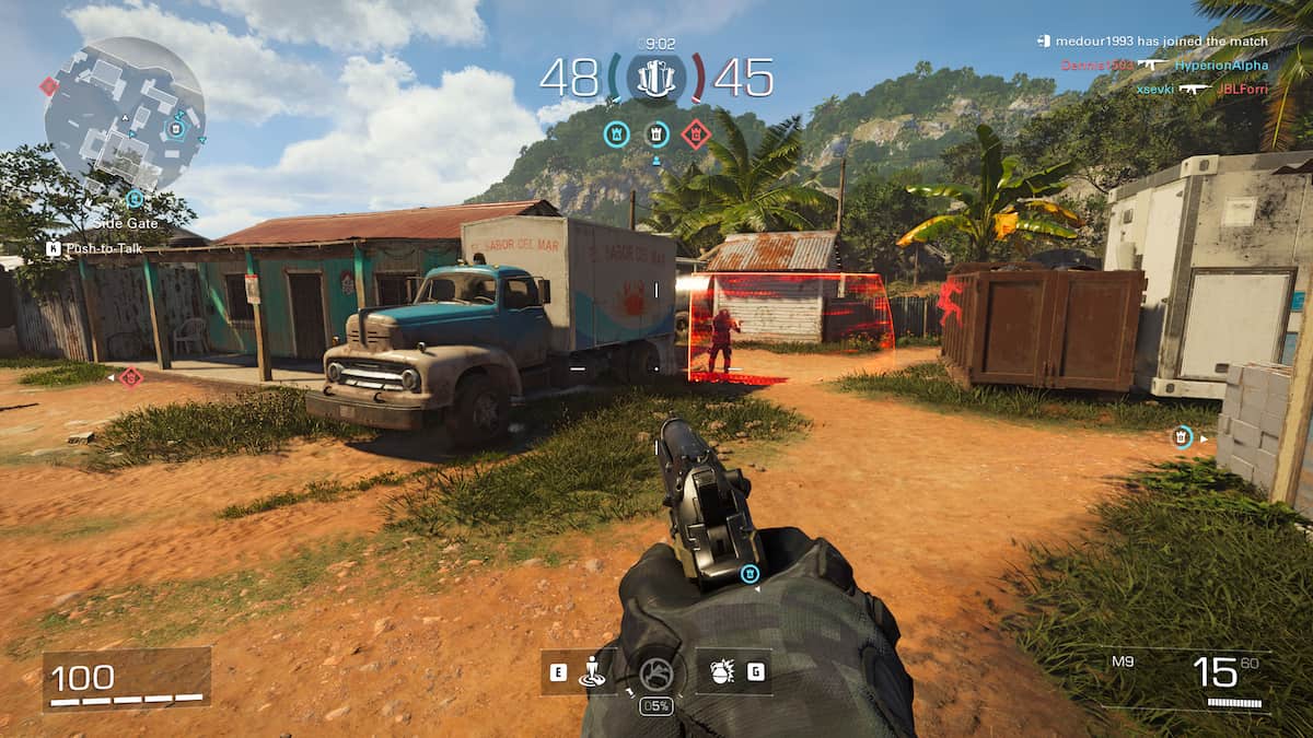 The player attempting a bunny hop around a corner in an unranked match of XDefiant