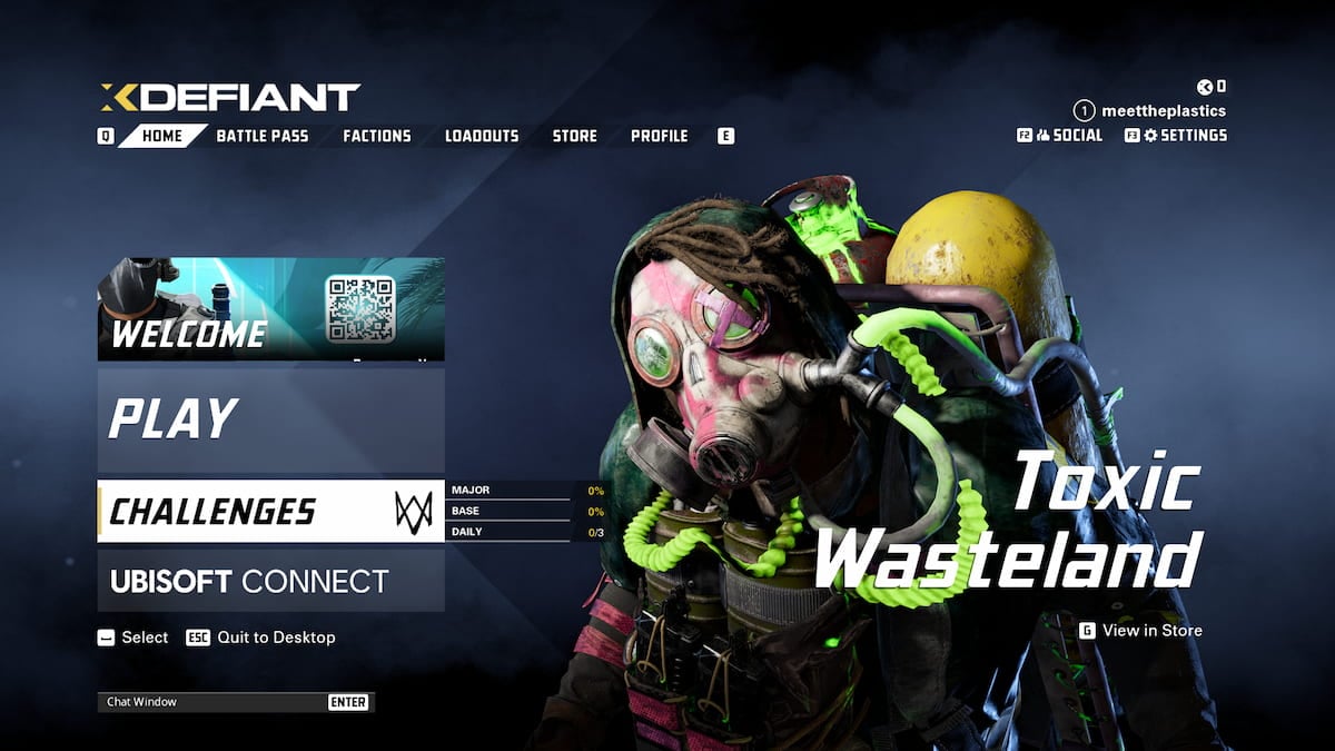 The main menu screen in XDefiant, with the Challenges menu highlighted specifically.