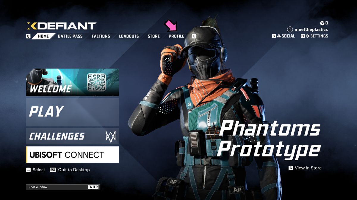 The main menu page in XDefiant with a pink arrow pointing at the Profile tab.