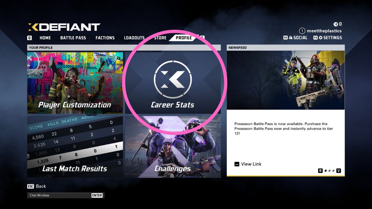 The profile page in XDefiant with the Career Stats option circled in pink.