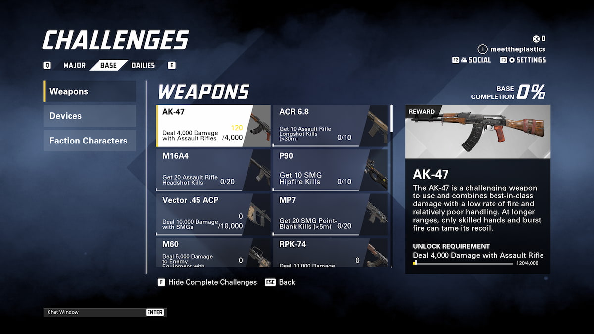 A menu showing various weapon challenges in XDefiant.