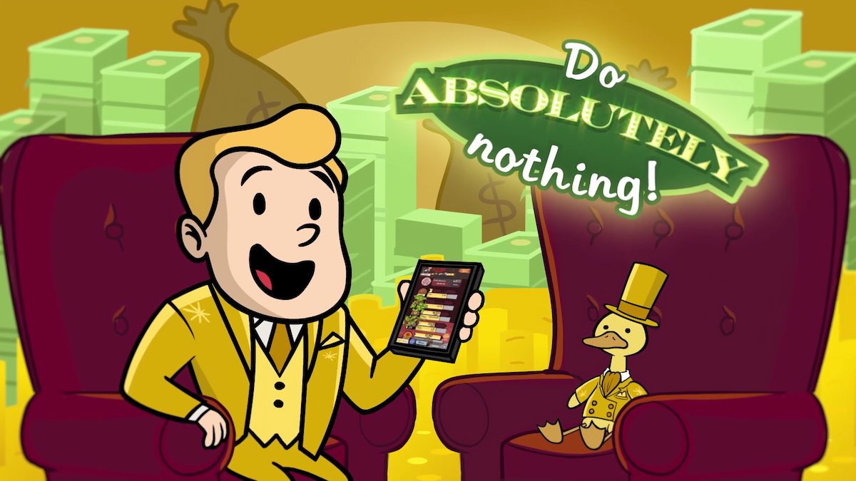 An ad for AdVenture Capitalist, in the style of the game, showing a man in a gold suit holding a phone with AdVenture Capitalist on the screen.