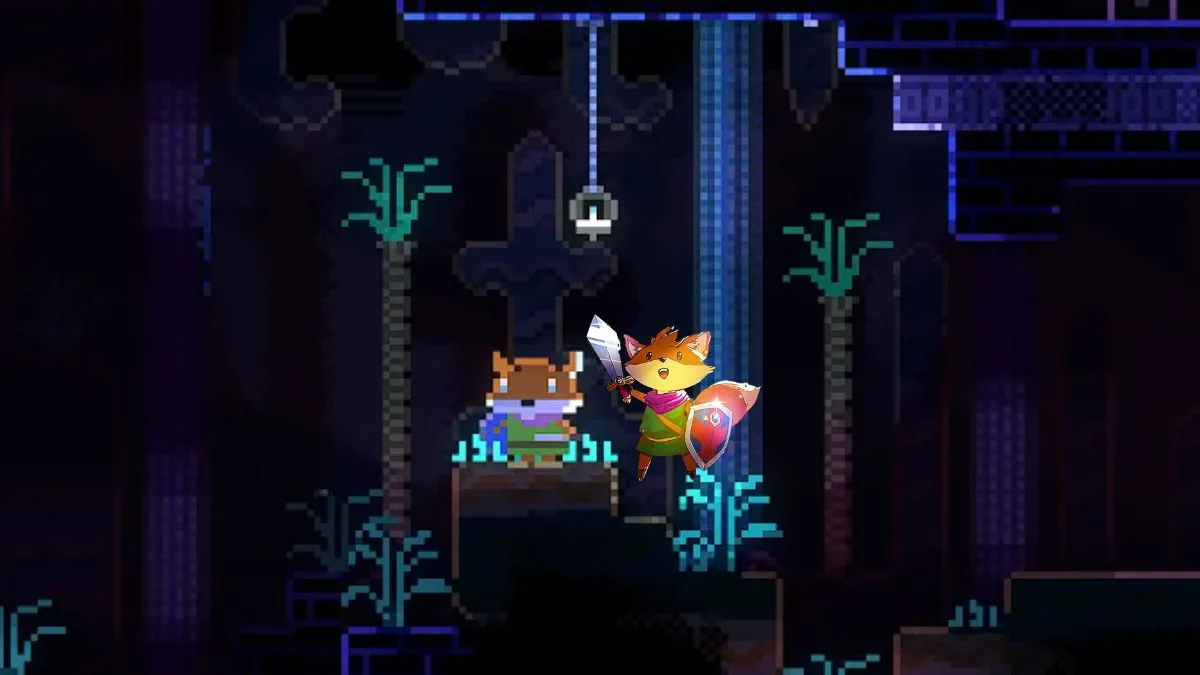 An Animal Well player using the Tunic Easter egg standing beside the fox from Tunic