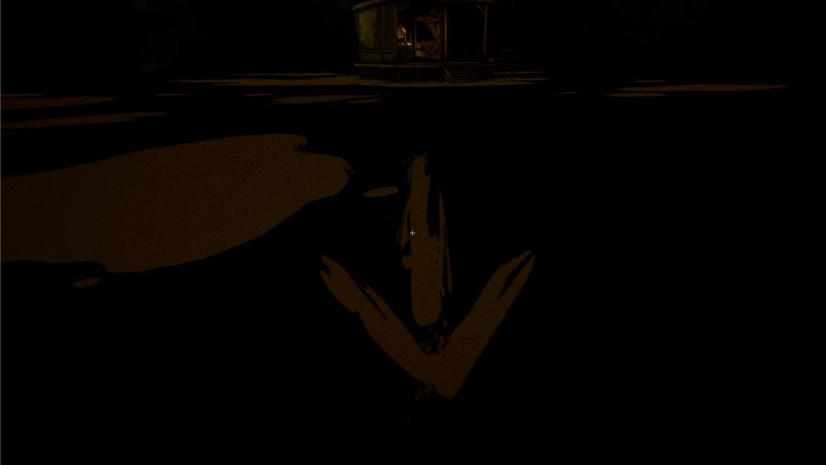 An arrow on the floor beneath the archway in Bendy Secrets of the Machine