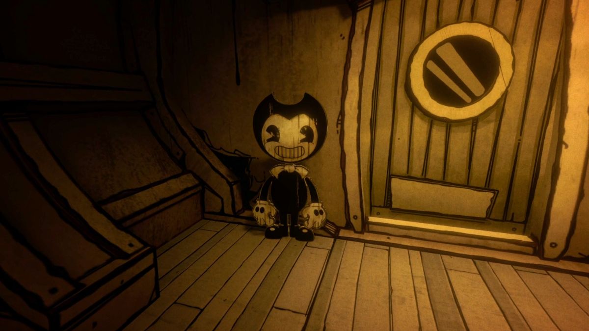 A cardboard cutout of Bendy in the stage room