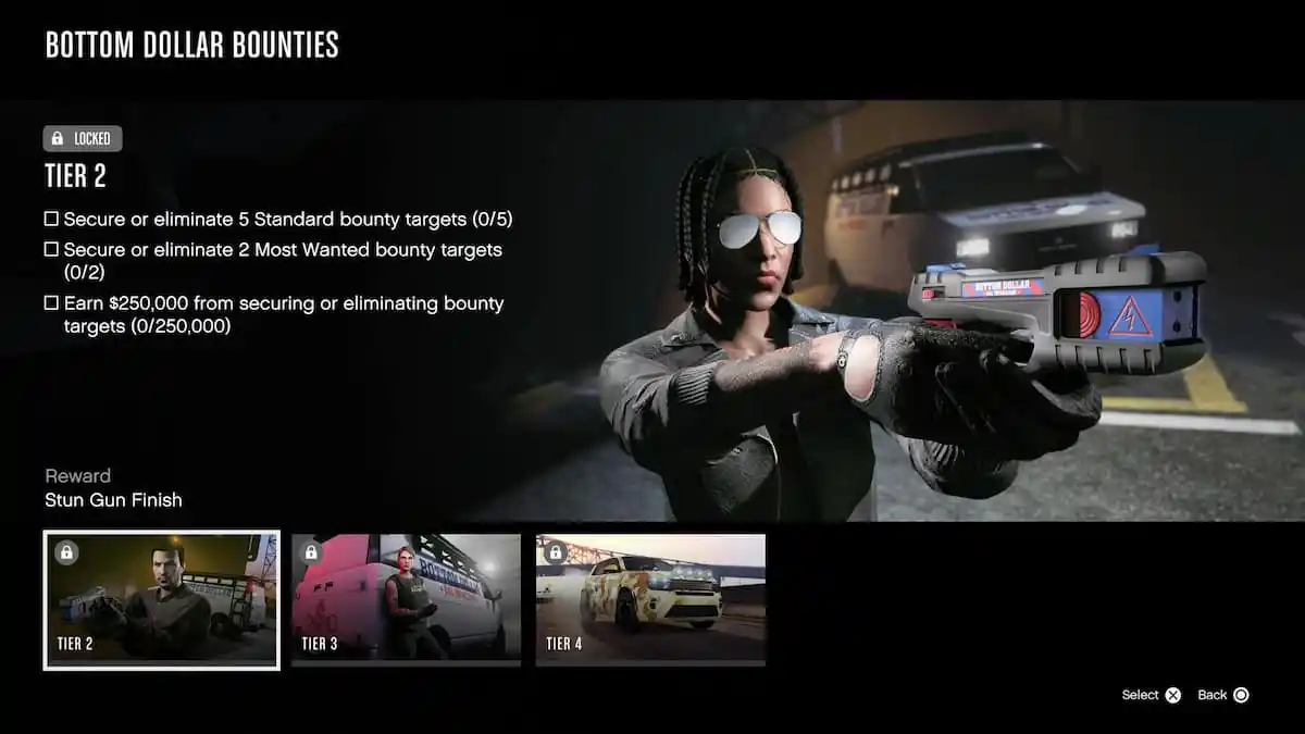 GTA Online interface screen showing Stun Gun finish reward