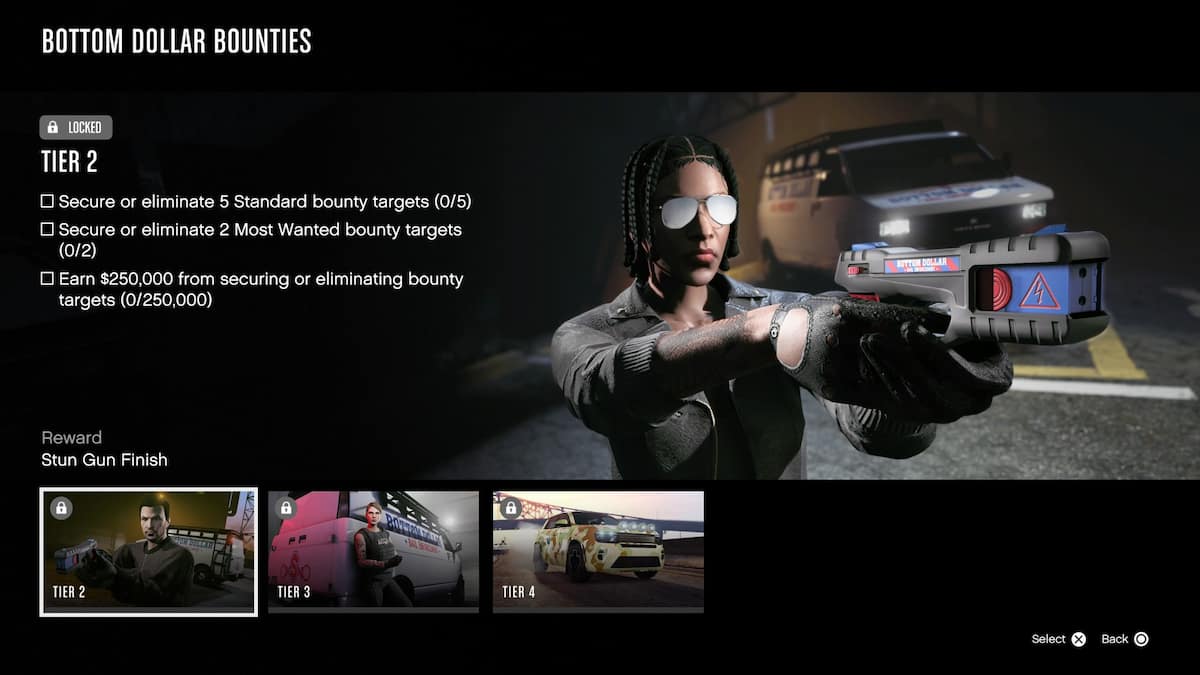 GTA Online interface screen showing Stun Gun finish reward