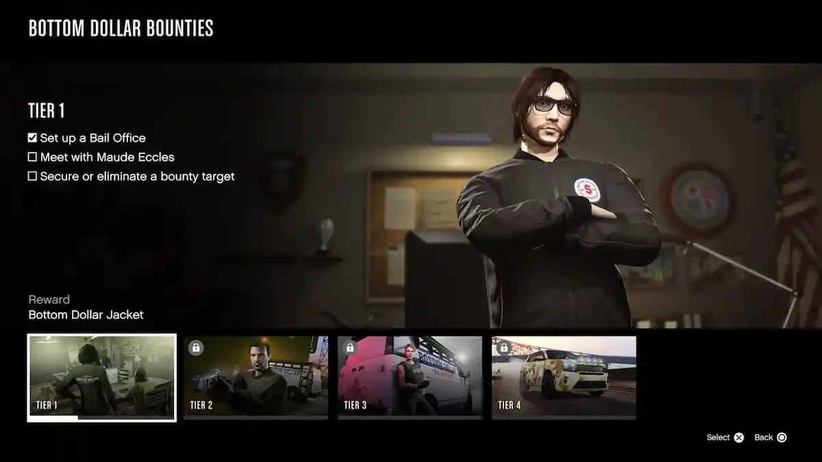 GTA Online interface screen showing the "Bottom Dollar Bounties" career progress for Tier 1