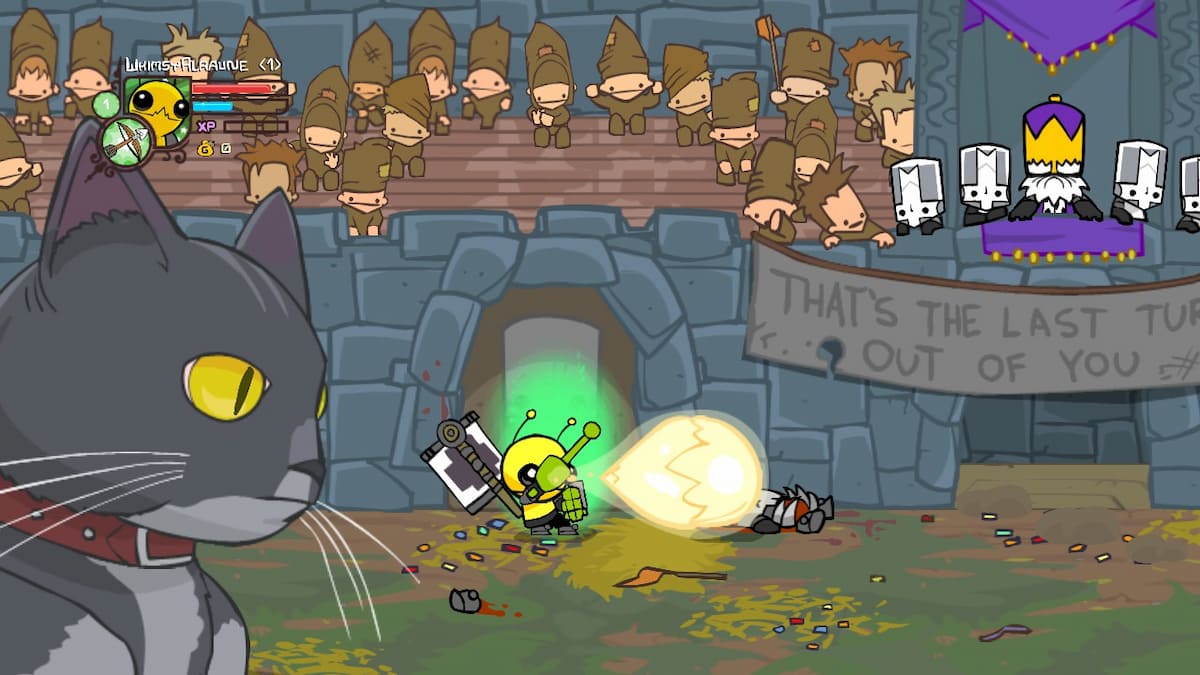 The Alien in Castle Crashers firing a large beam from their Alien Gun