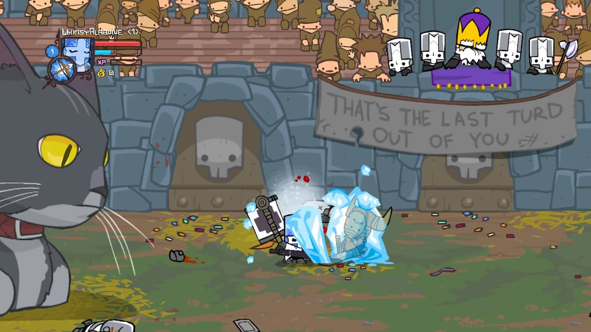 The Blue Knight freezing a Barbarian enemy in Castle Crashers