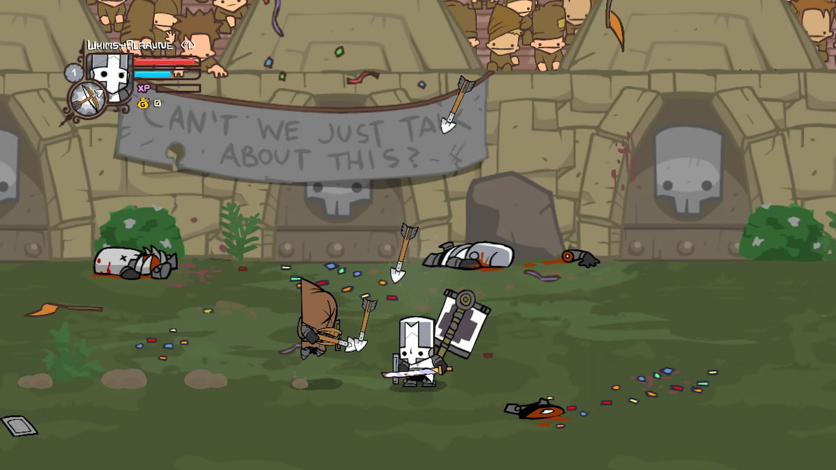 The Gray Knight launching off a barrage of arrows in the Castle Crashers arena