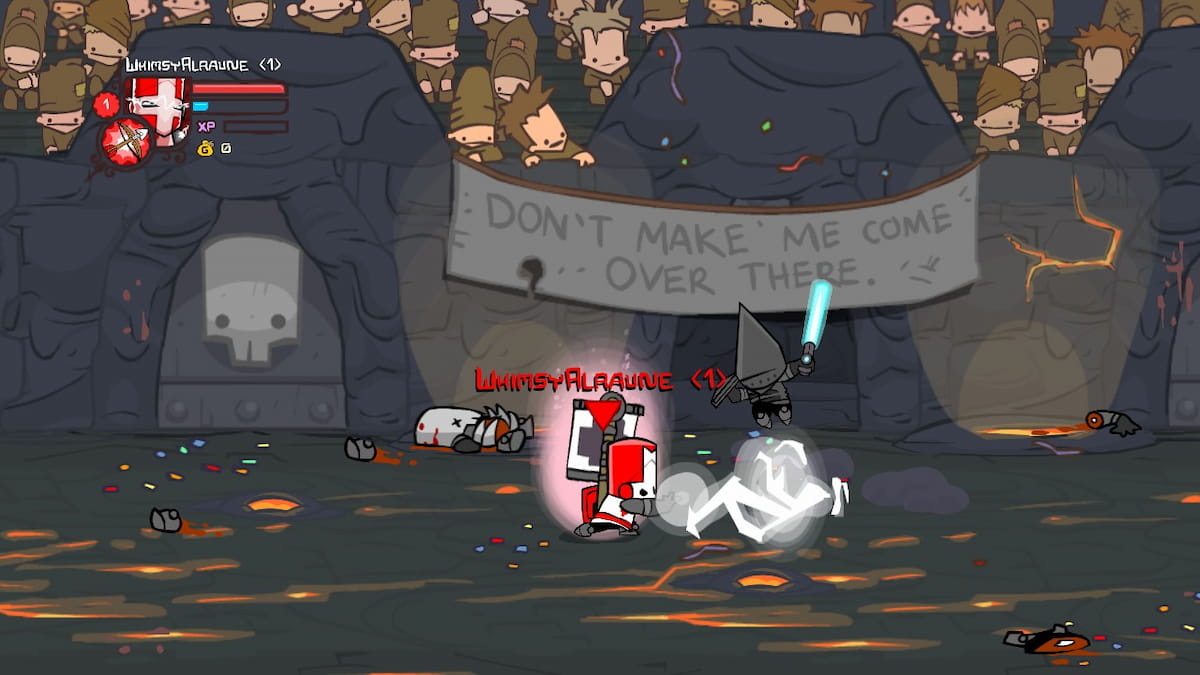 Playing as the Red Knight in the arena within Castle Crashers