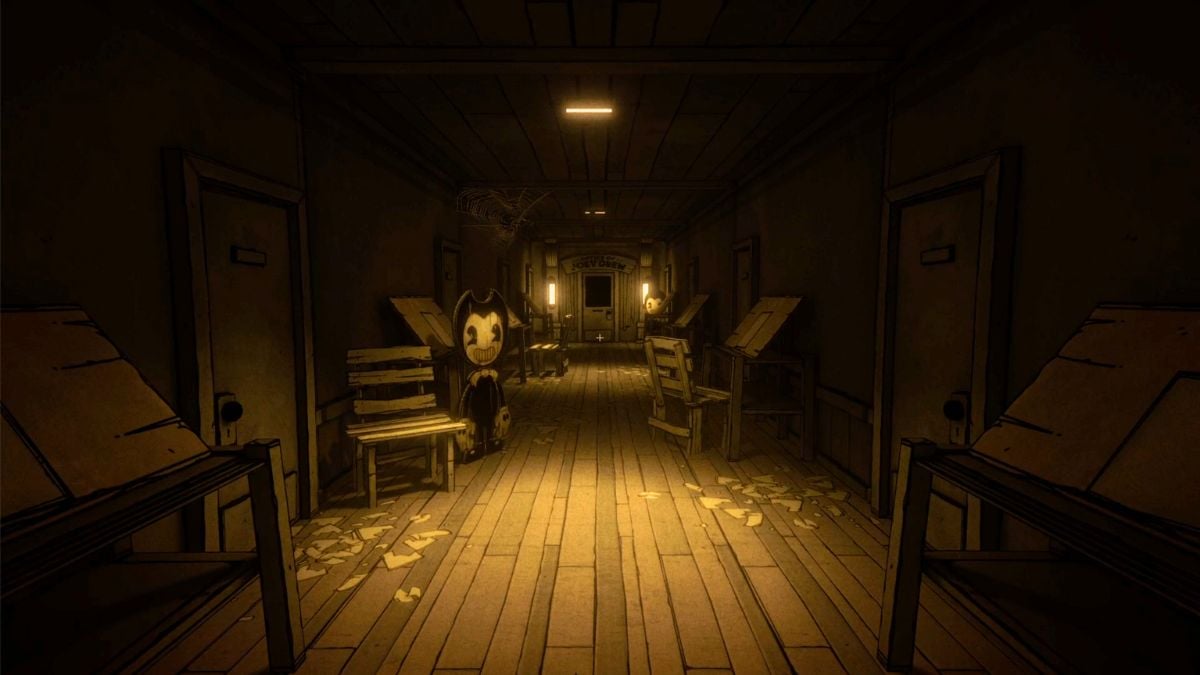 An eerie hallway lined with desks from Bendy: Secrets of the Machine