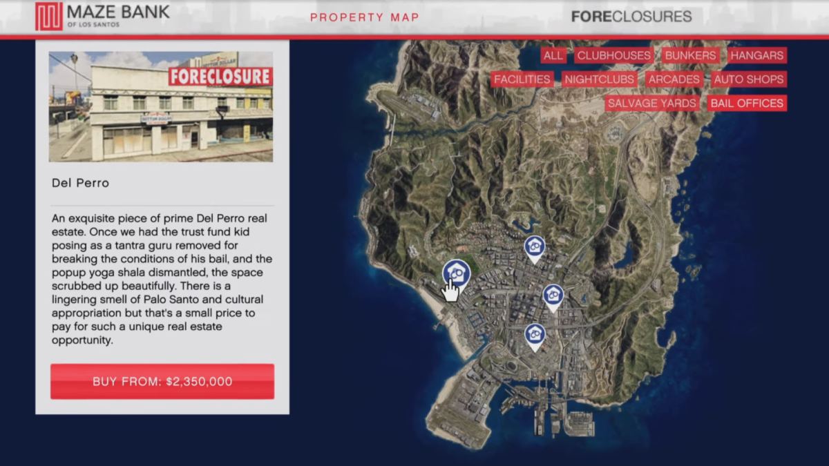 All Bail Office locations marked on the GTA Online map