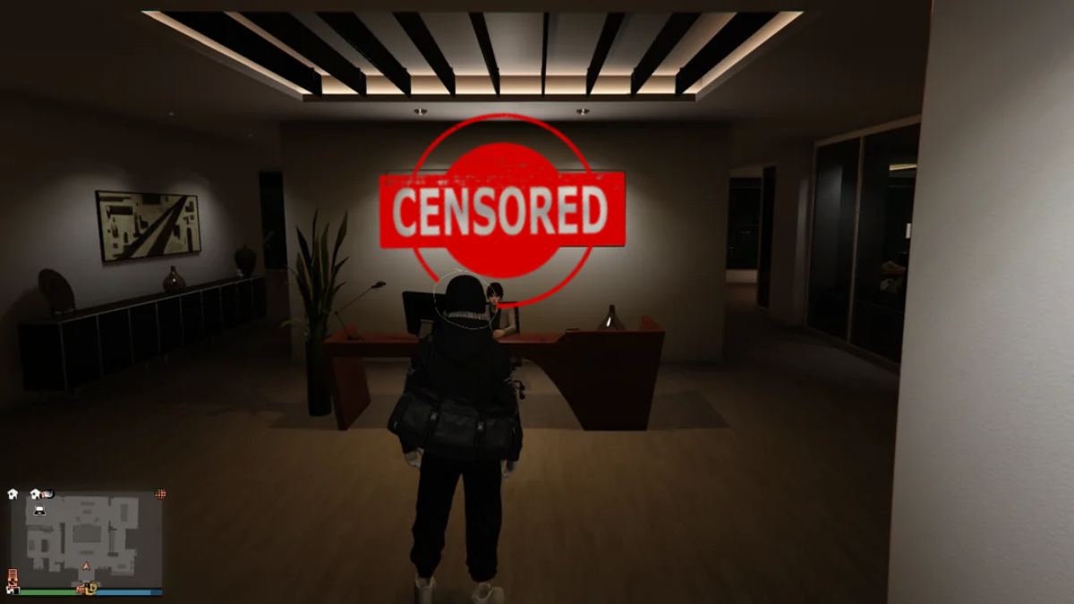 GTA Online protagonist standing in office with organization name censored
