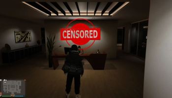 GTA Online protagonist standing in office with organization name censored