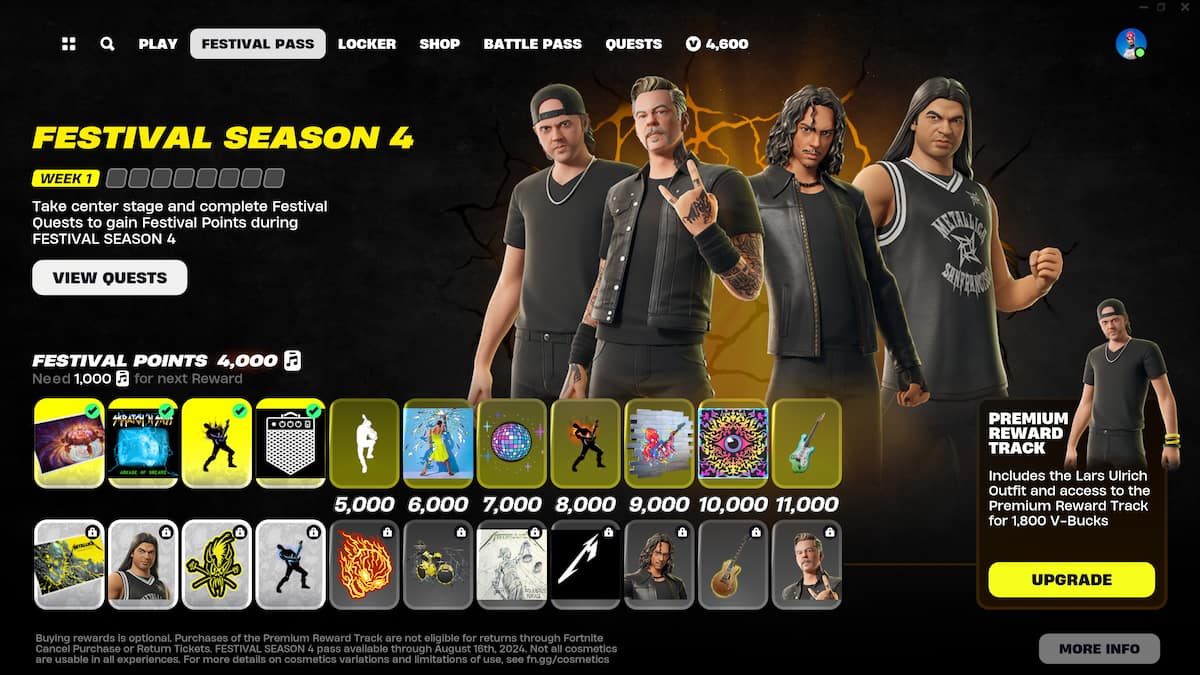 Fortnite Season 4 festival pass rewards in the frame