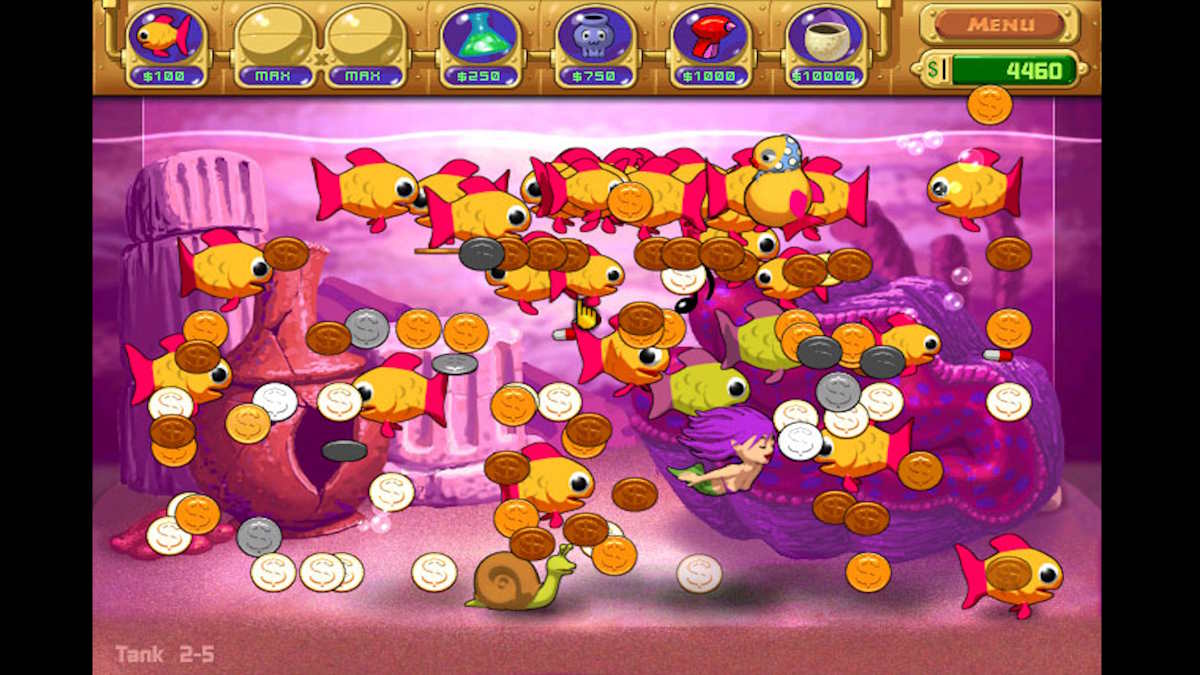 A fish tank full of goldfish and coins in Insaniquarium Deluxe.
