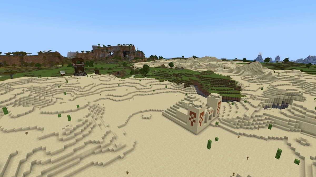 A Minecraft Desert with a Desert Temple, a Pillager Outpost, and an abandoned Plains Village