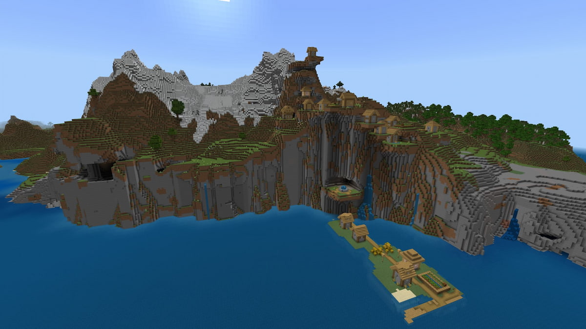 A tall ocean cliff next to a mountain with a sprawling Plains Village