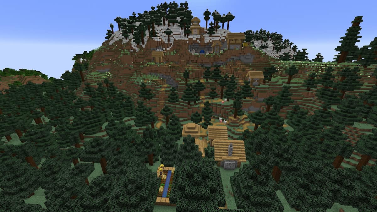 A Plains Village on the side of a mountain mingling with a spruce forest