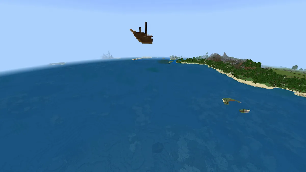 Half of a Minecraft ship floating a hundred blocks above the surface of the ocean