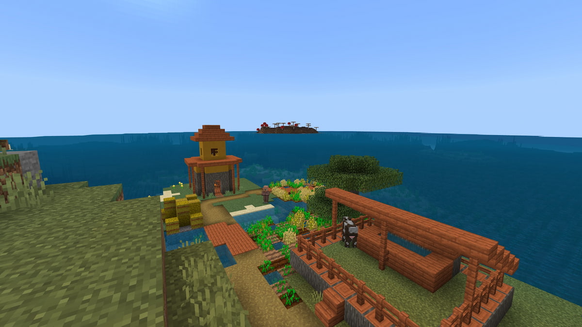 A small Mushroom Island a short boat ride away from a Minecraft Savanna Village