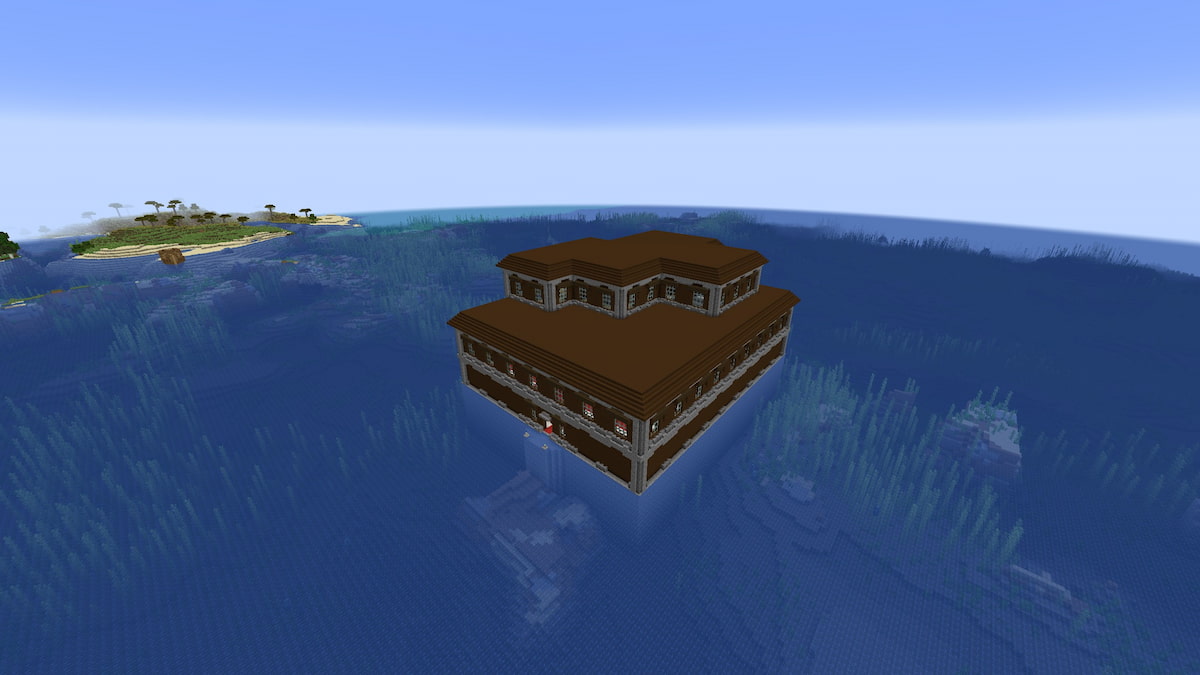A Woodland Mansion floating in a Minecraft ocean