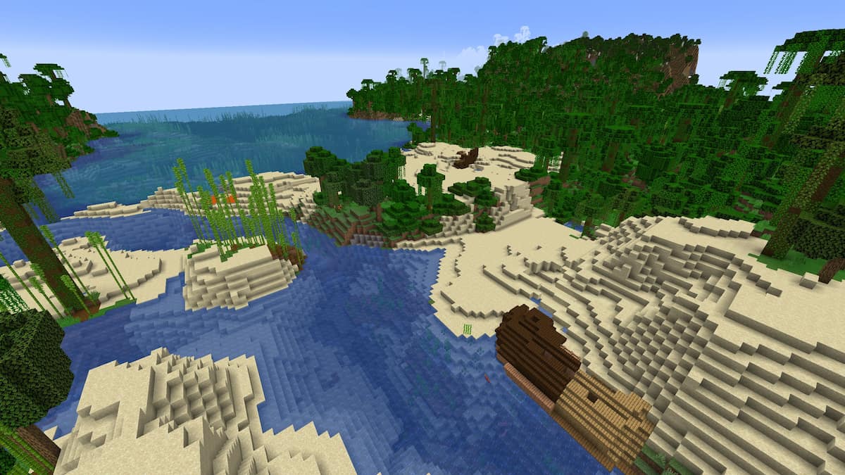 A Minecraft beach with two visible shipwrecks