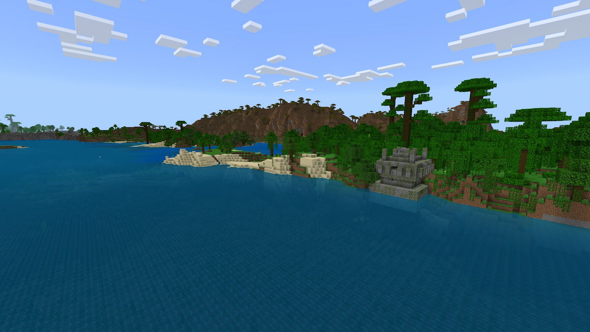 A Minecraft kelp-forest coast with buried treasure, Trail Ruins, and a Jungle Temple