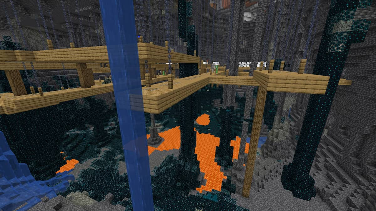 A sprawling oak mineshaft hanging above a lava lake and a Deep Dark biome in Minecraft