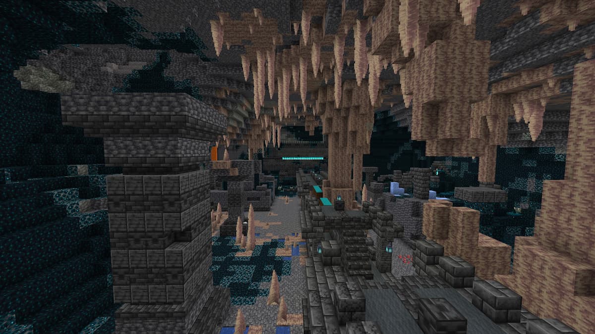 A Minecraft Ancient City with lava falls and Dripstone