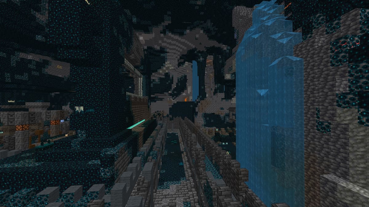 A Minecraft Ancient City with giant waterfalls